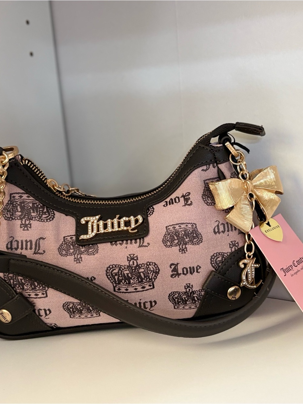 Juicy Couture Pink and Black Crown Print Mini Shoulder Bag with Gold Accents